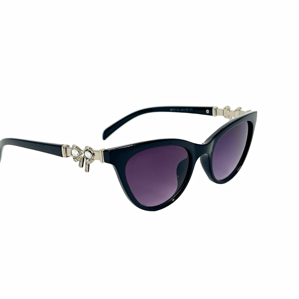 Women's Black Cat Eye Sunglasses Purple Gradient Rhinestone Bow Accent Retro